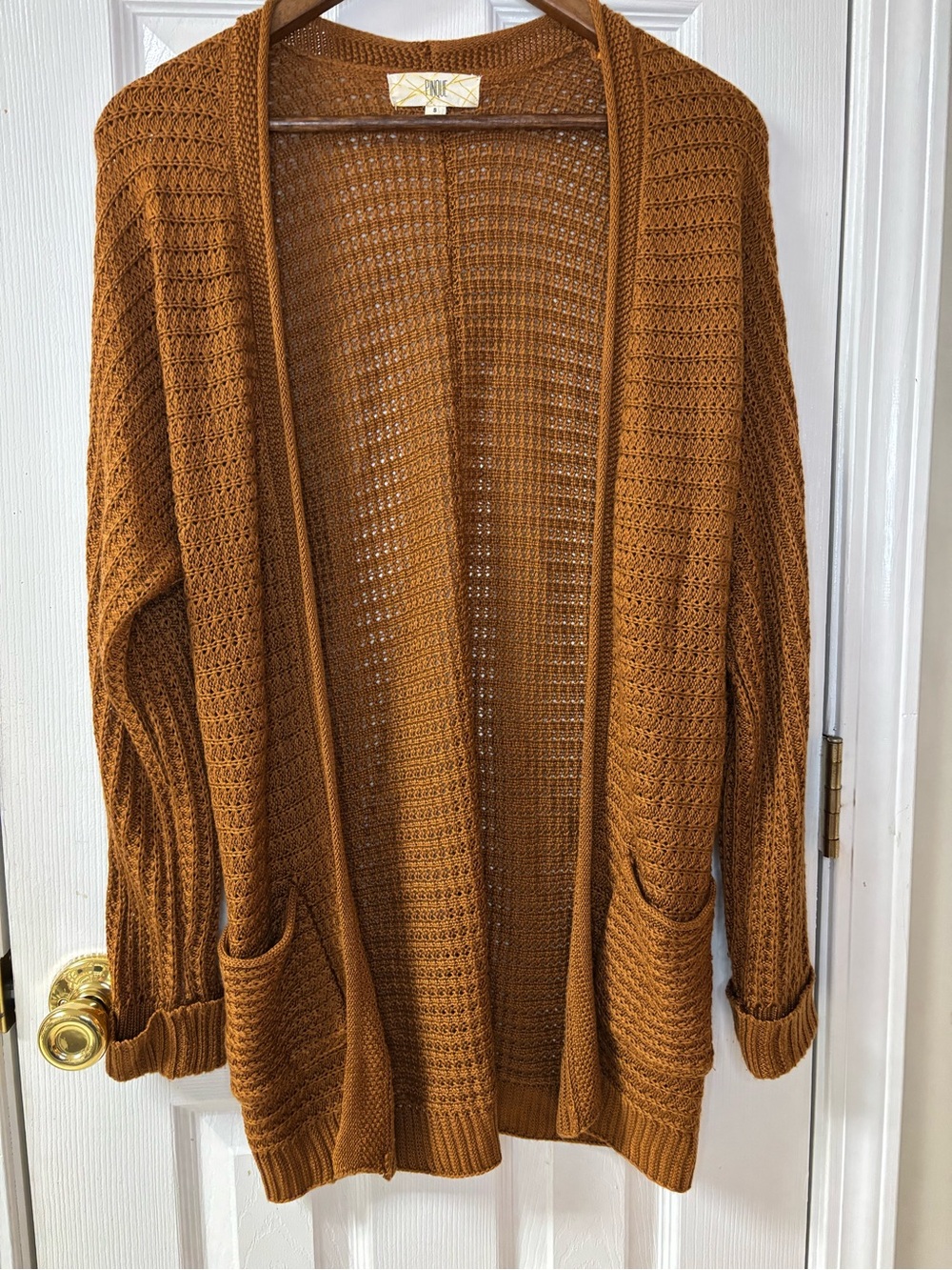 Open-Front Waffle Knit Cardigan in Rust